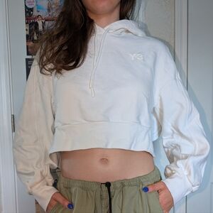 Y-3| Adidas| Yohji Yamamoto White Cropped Hoodie